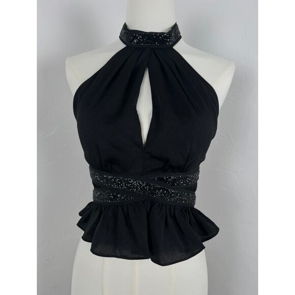EXPRESS BLACK SPARKLE HALTER TOP WITH RUFFLE HEM (Womens: 0) XXS - Picture 1 of 10